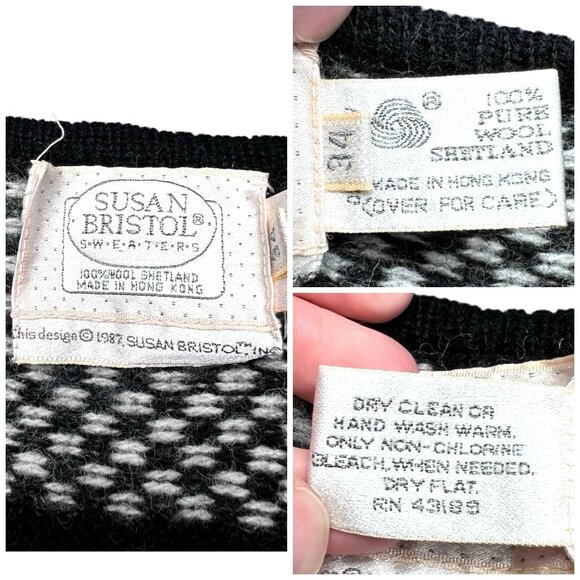 Susan Bristol Vintage Wool Sweater Fair Isle Nordic Black White Small - Picture 3 of 10